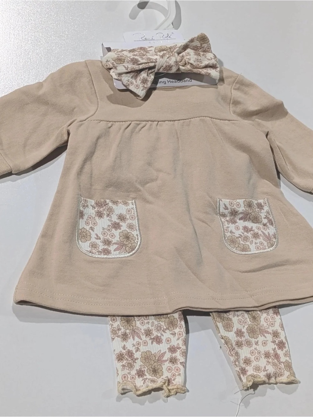 Beige Floral Pocket Baby Dress Set with Matching Headband